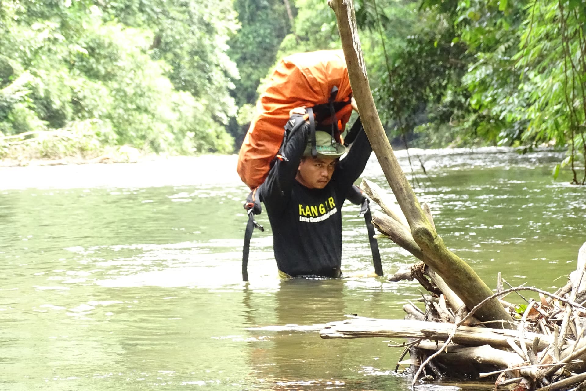 A ranger from the wildlife patrol team wading chest-deep across a forest river carrying a pack